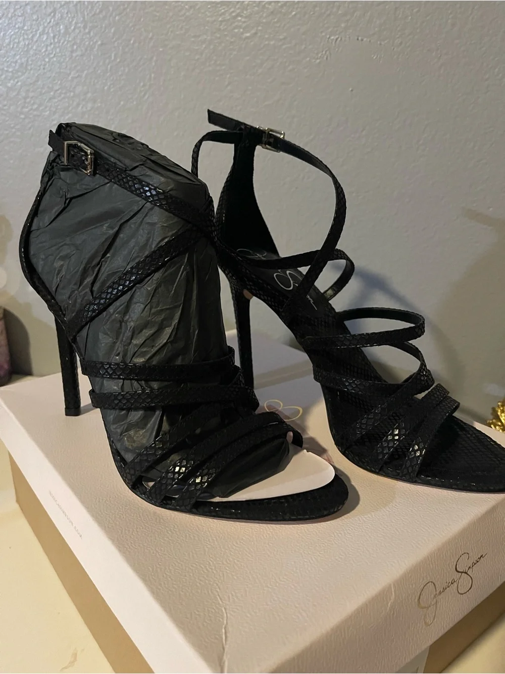 Jessica Simpson Black Strappy Snake-Texture High Heel Sandals